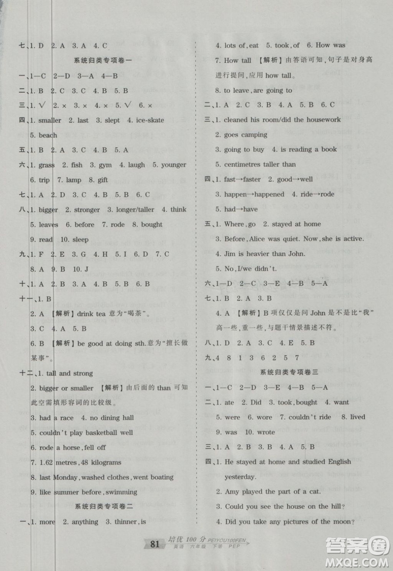 2019年王朝霞培優(yōu)100分六年級英語下冊人教PEP版參考答案