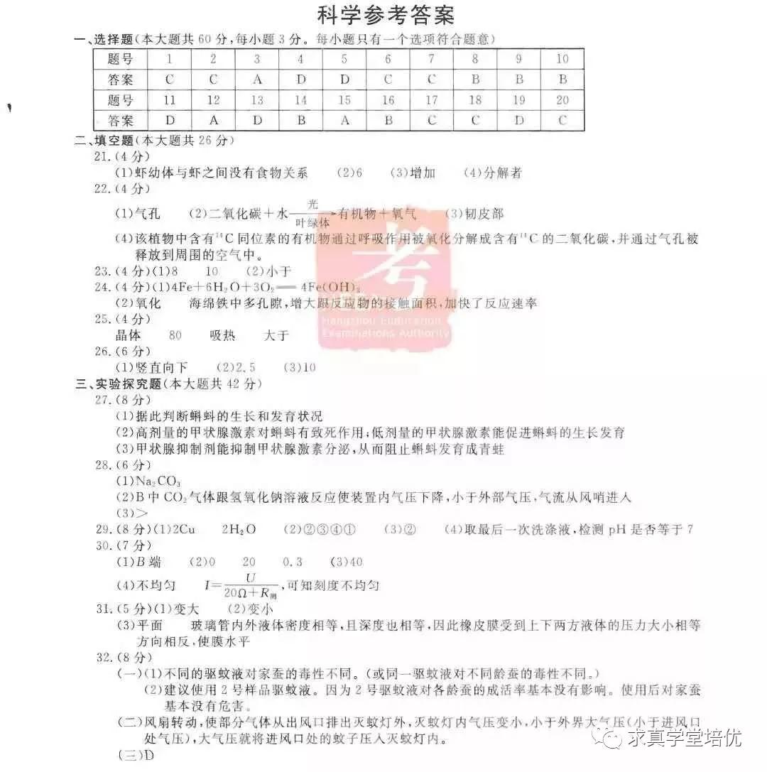 2019年浙江杭州中考真題科學試卷及答案