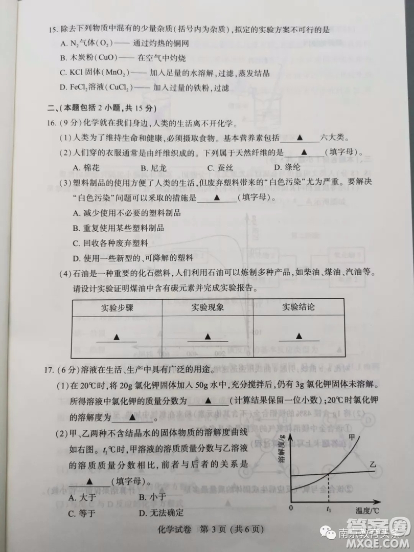 2019年南京市中考真題化學試題及答案