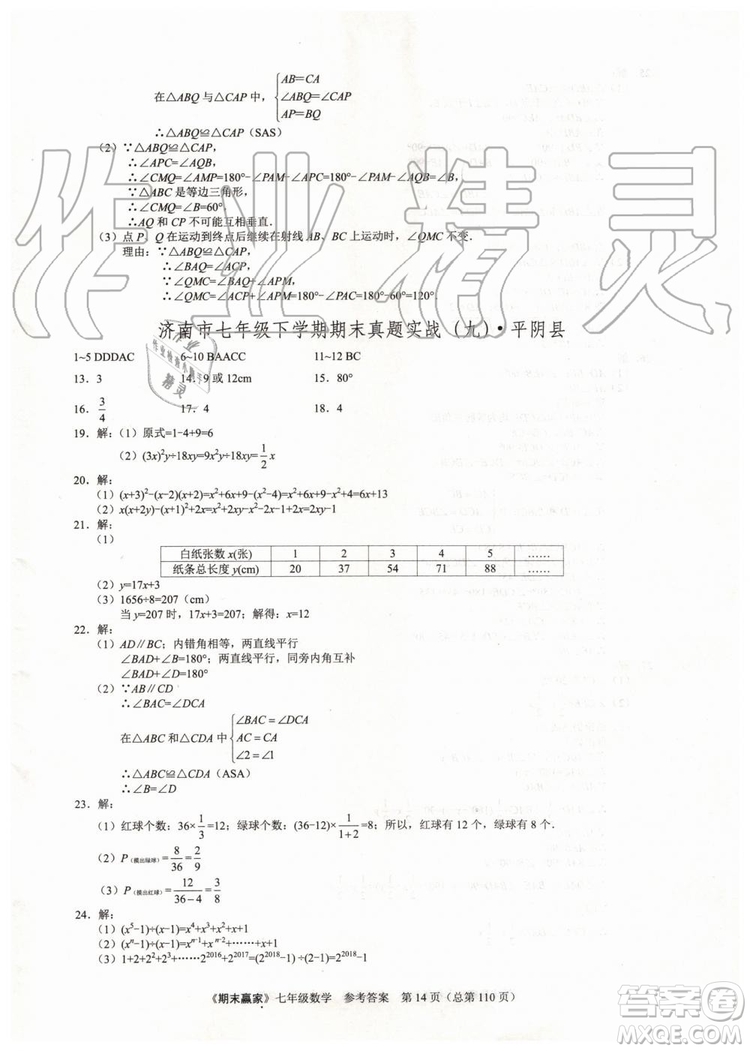 期末贏家2019年七年級數(shù)學(xué)下冊濟(jì)南地區(qū)專用參考答案