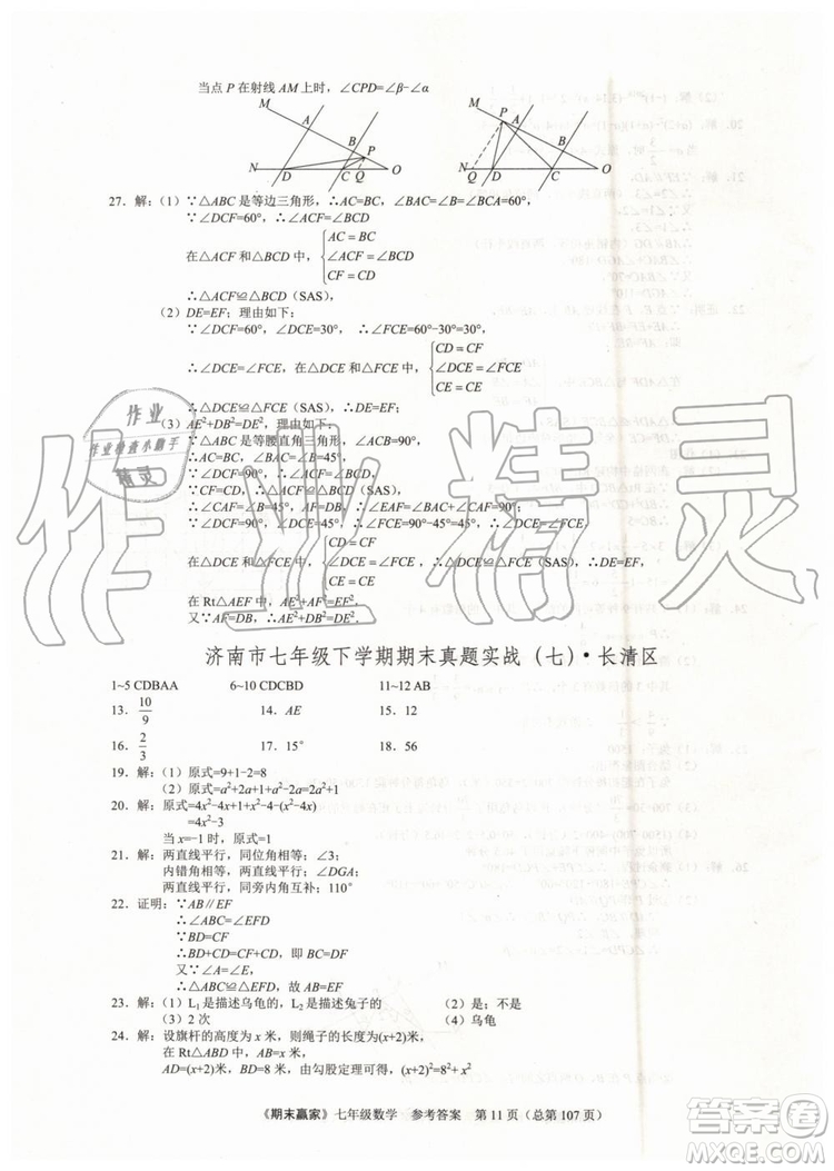 期末贏家2019年七年級數(shù)學(xué)下冊濟(jì)南地區(qū)專用參考答案