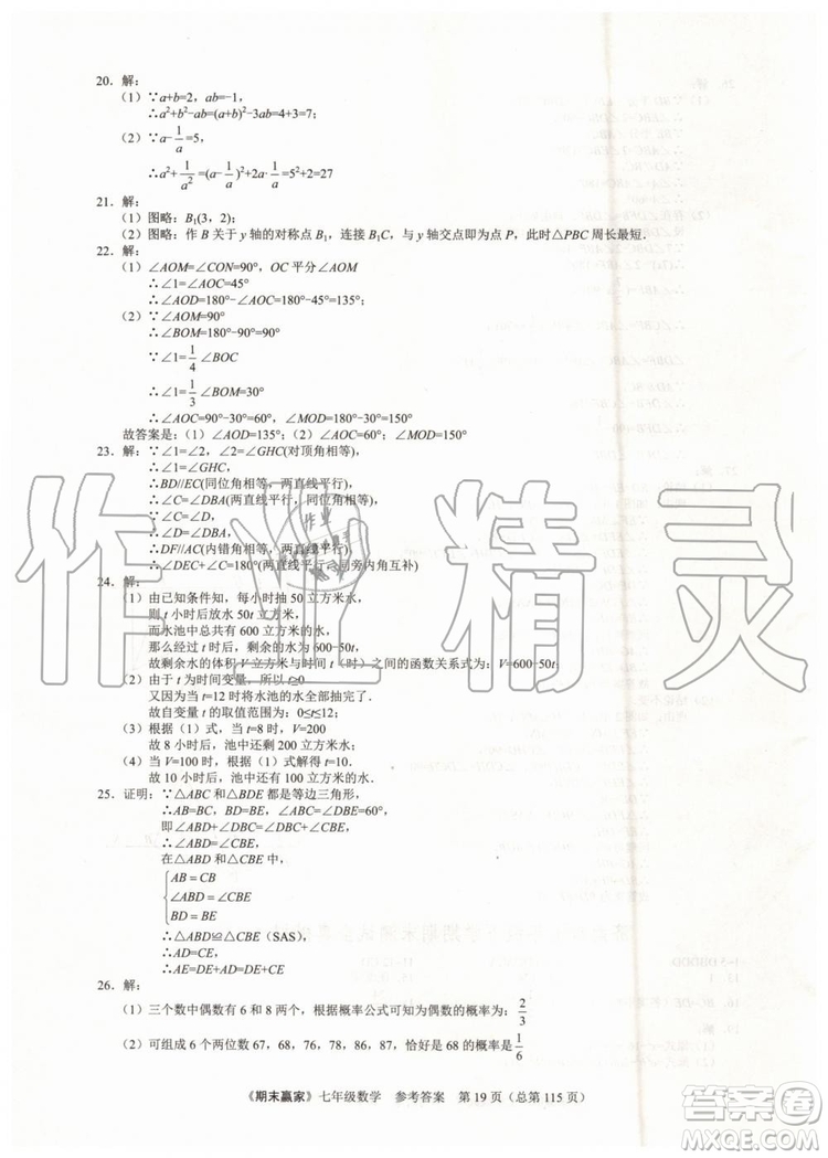 期末贏家2019年七年級數(shù)學(xué)下冊濟(jì)南地區(qū)專用參考答案