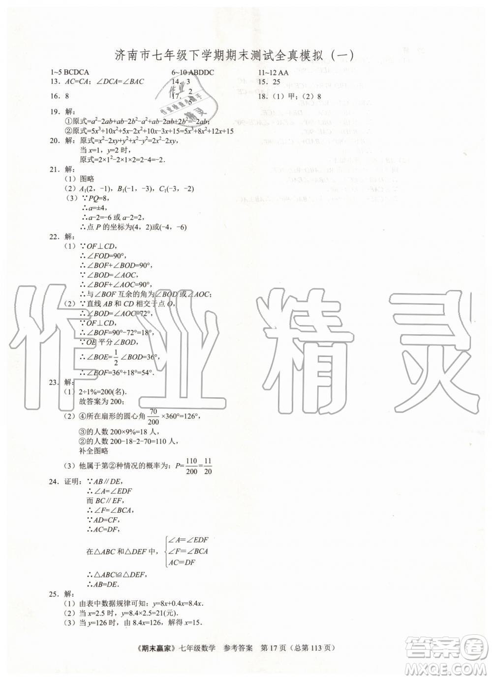 期末贏家2019年七年級數(shù)學(xué)下冊濟(jì)南地區(qū)專用參考答案