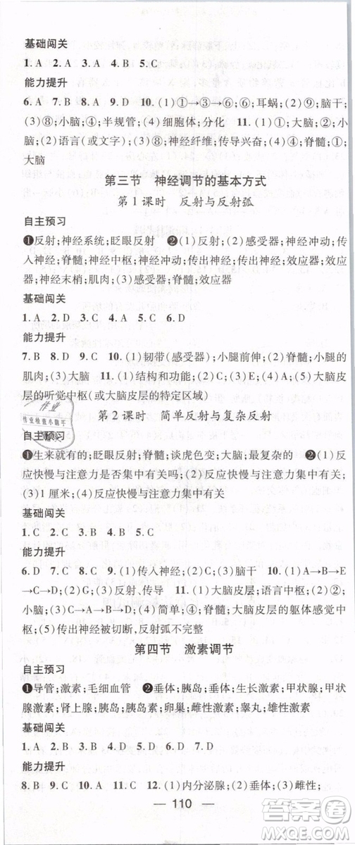 2019年名師測(cè)控七年級(jí)生物下冊(cè)RJ人教版參考答案