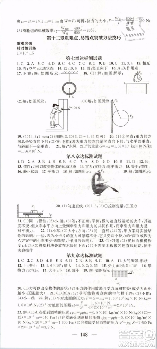 2019年名師測控八年級物理下冊RJ人教版參考答案