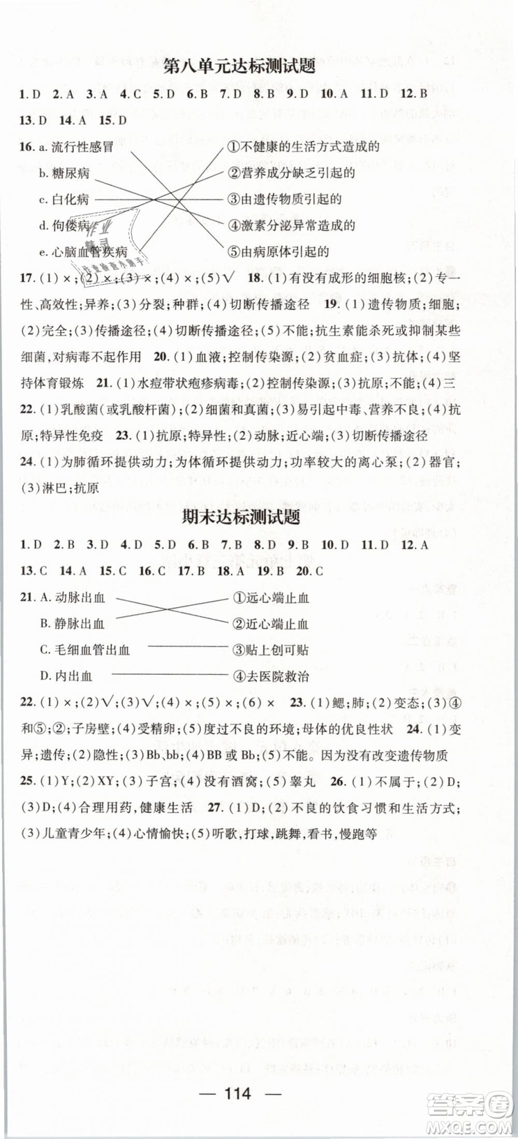 2019年鴻鵠志文化名師測(cè)控八年級(jí)下冊(cè)生物RJ人教版參考答案