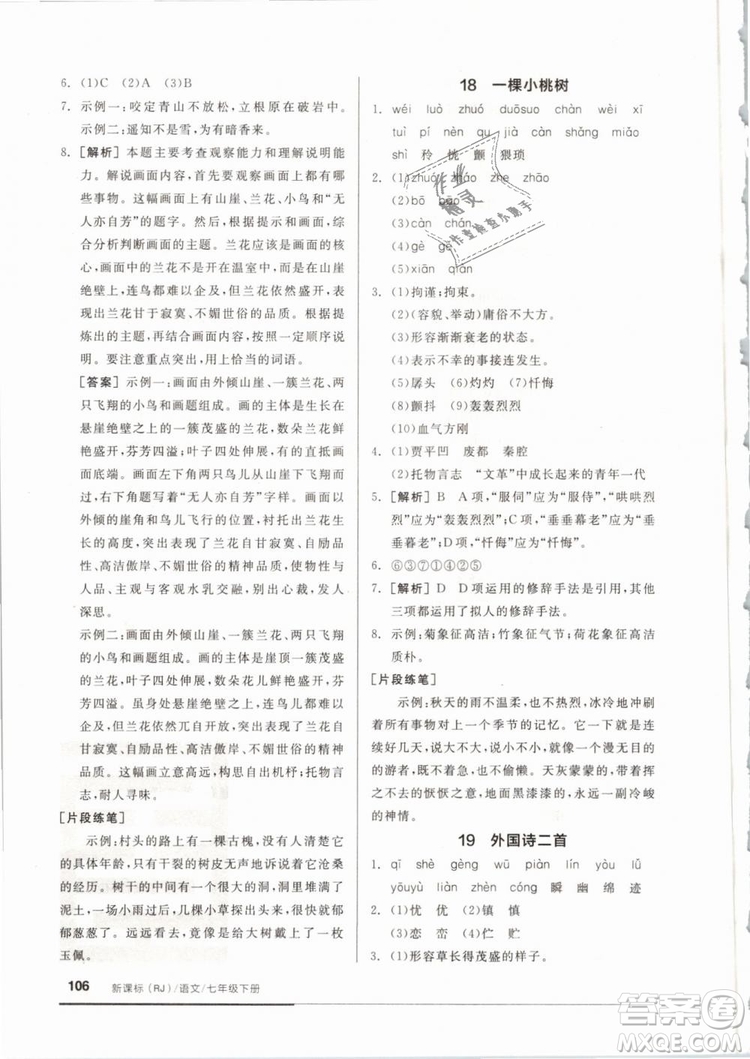 2019年全品基礎(chǔ)小練習(xí)七年級(jí)下冊語文人教版RJ參考答案