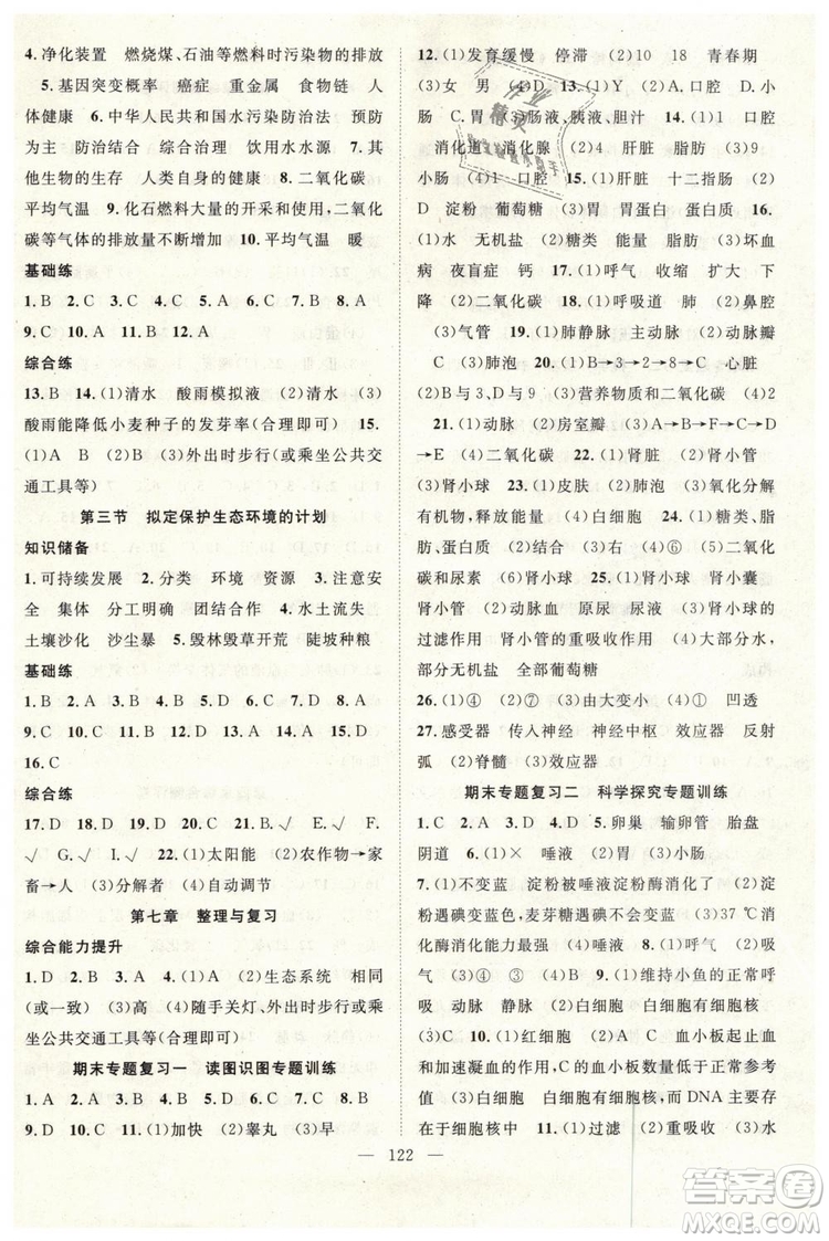 2019年萬羽文化名師學(xué)案七年級下冊生物人教版參考答案