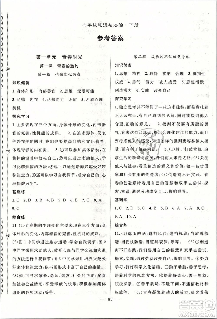 2019年萬(wàn)羽文化名師學(xué)案七年級(jí)下冊(cè)道德與法治人教版參考答案