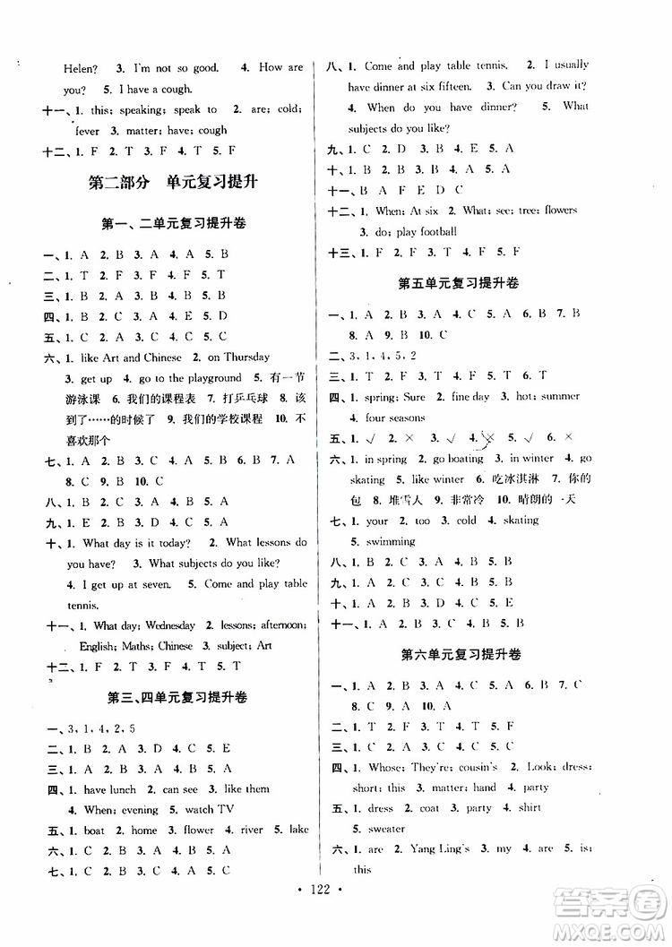 2019年江蘇好卷四年級下冊英語譯林版參考答案