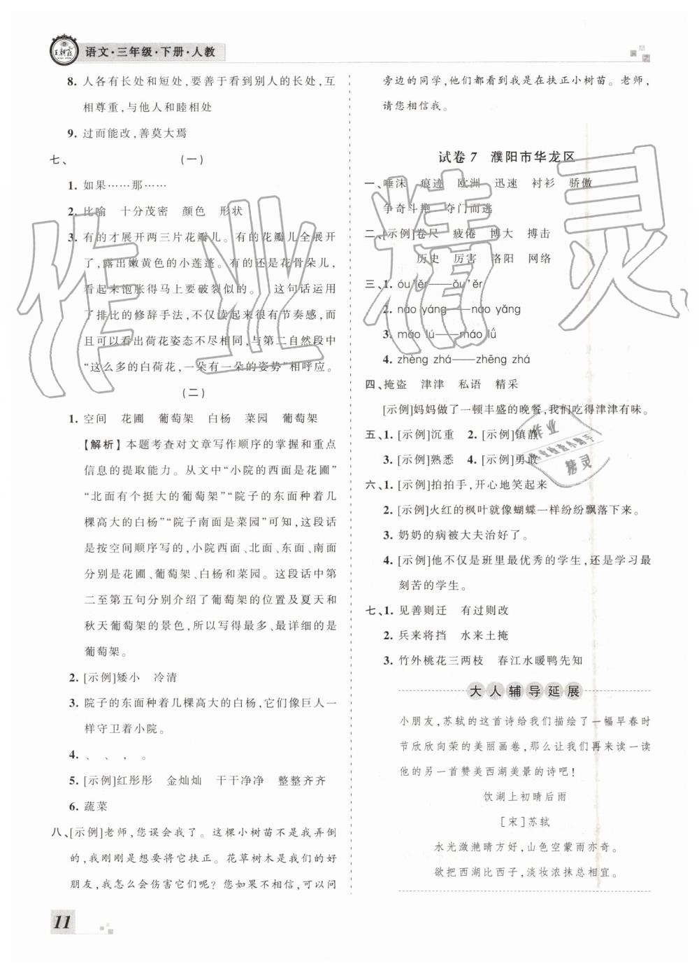 2019年王朝霞各地期末試卷精選三年級(jí)語文下冊人教版河南專版參考答案