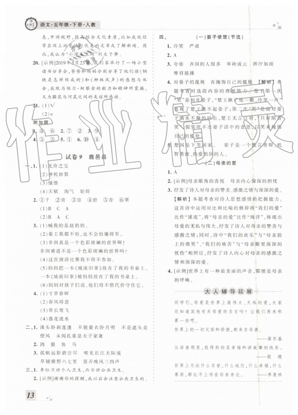 河南專版2019年人教版王朝霞各地期末試卷精選五年級(jí)語(yǔ)文下冊(cè)答案