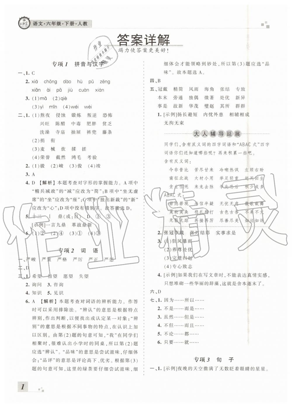 2019年王朝霞各地期末試卷精選六年級(jí)語(yǔ)文下冊(cè)人教版河南專版答案