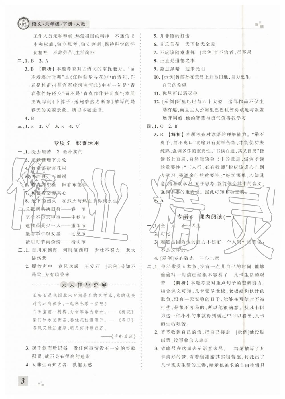 2019年王朝霞各地期末試卷精選六年級(jí)語(yǔ)文下冊(cè)人教版河南專版答案