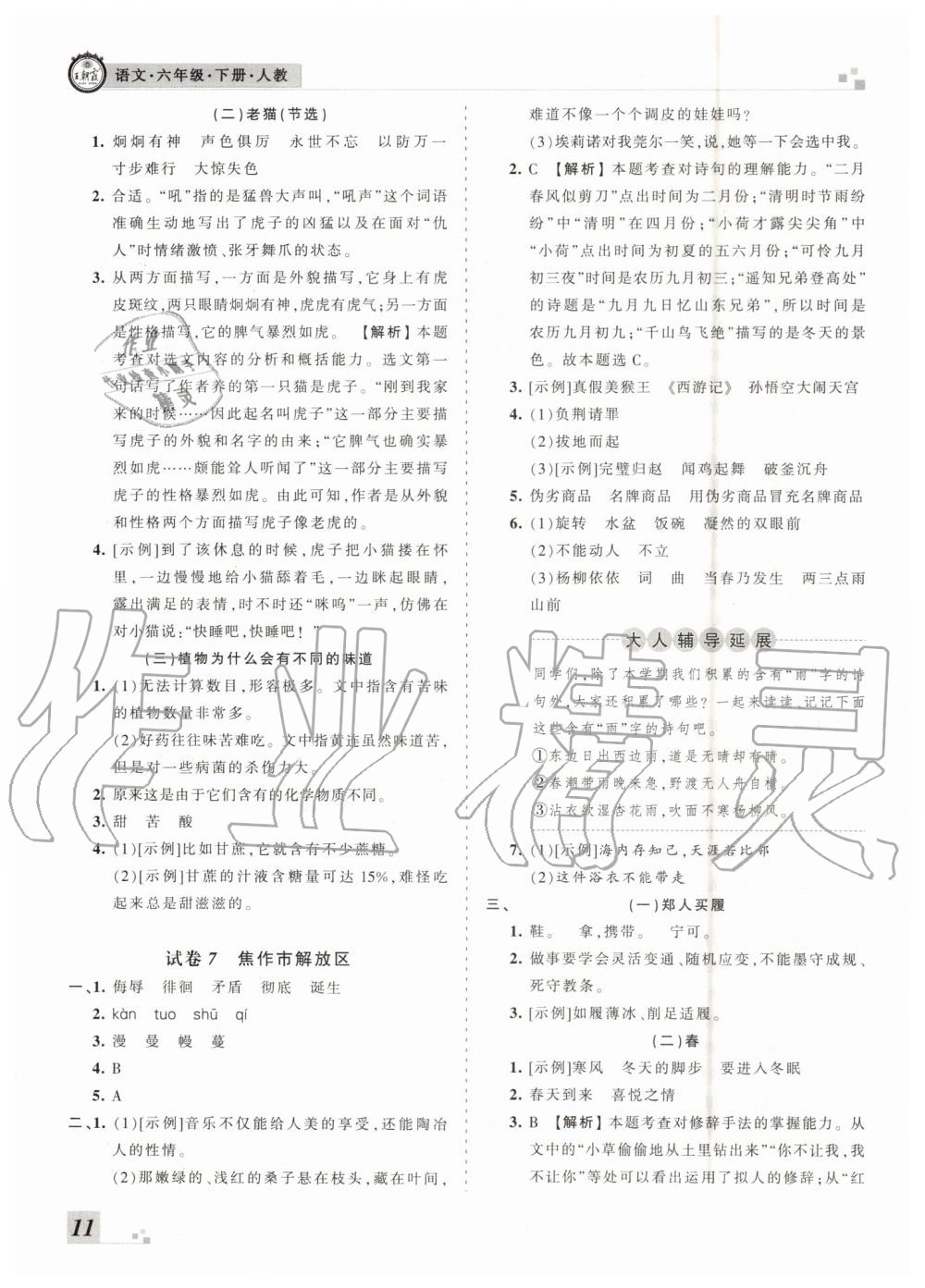 2019年王朝霞各地期末試卷精選六年級(jí)語(yǔ)文下冊(cè)人教版河南專版答案