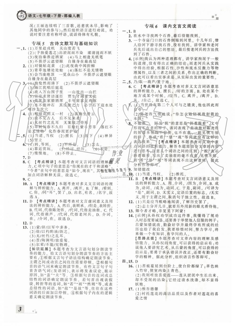 2019年王朝霞各地期末試卷精選七年級語文下冊人教版河南專版答案