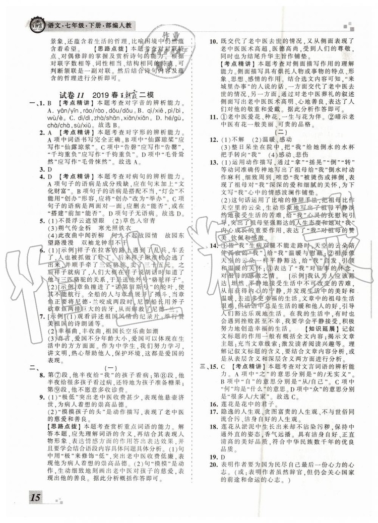 2019年王朝霞各地期末試卷精選七年級語文下冊人教版河南專版答案