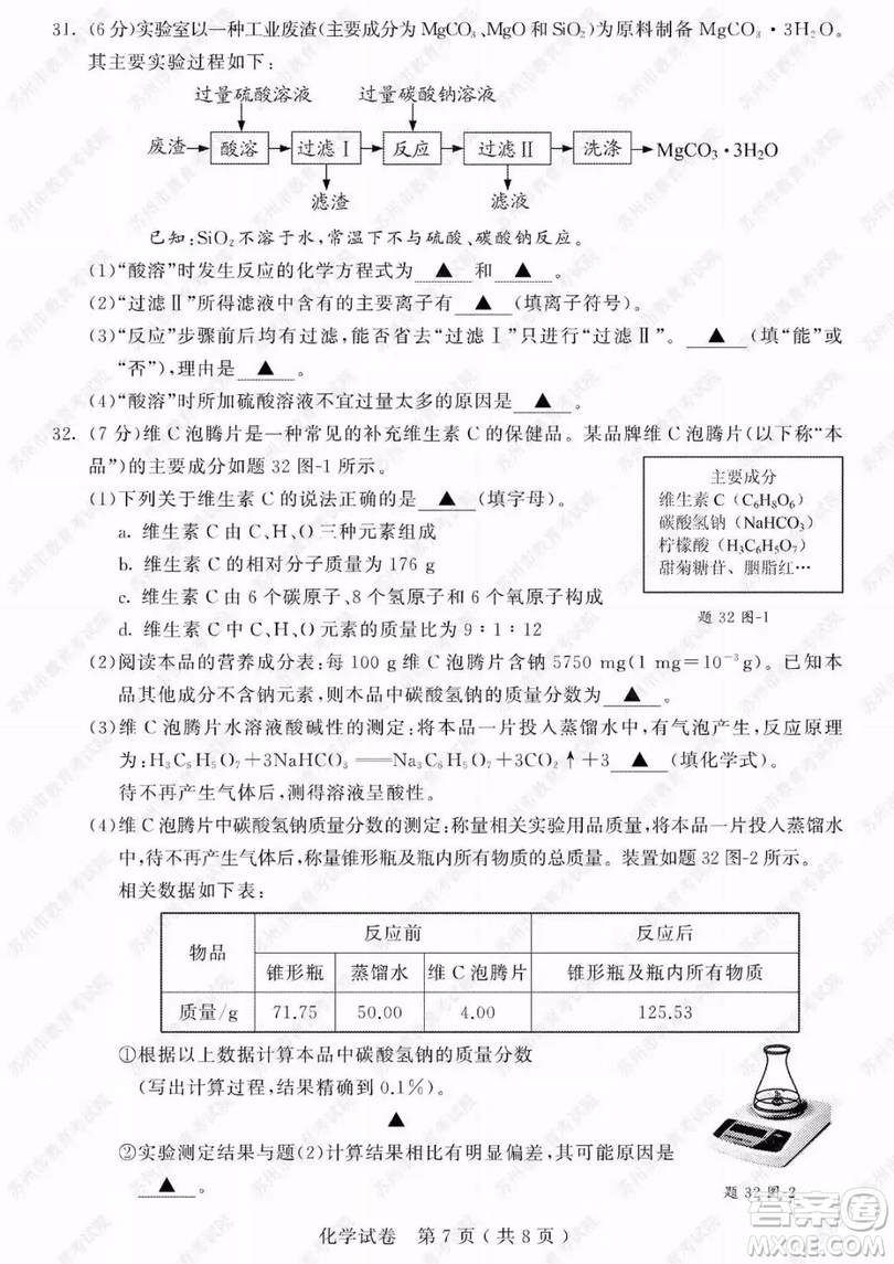 2019年蘇州市中考化學(xué)試題及參考答案