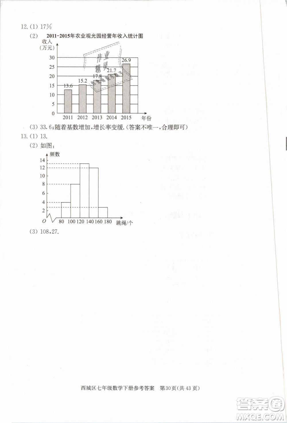 2019年北京西城學(xué)習(xí)探究診斷七年級(jí)數(shù)學(xué)下冊人教版參考答案