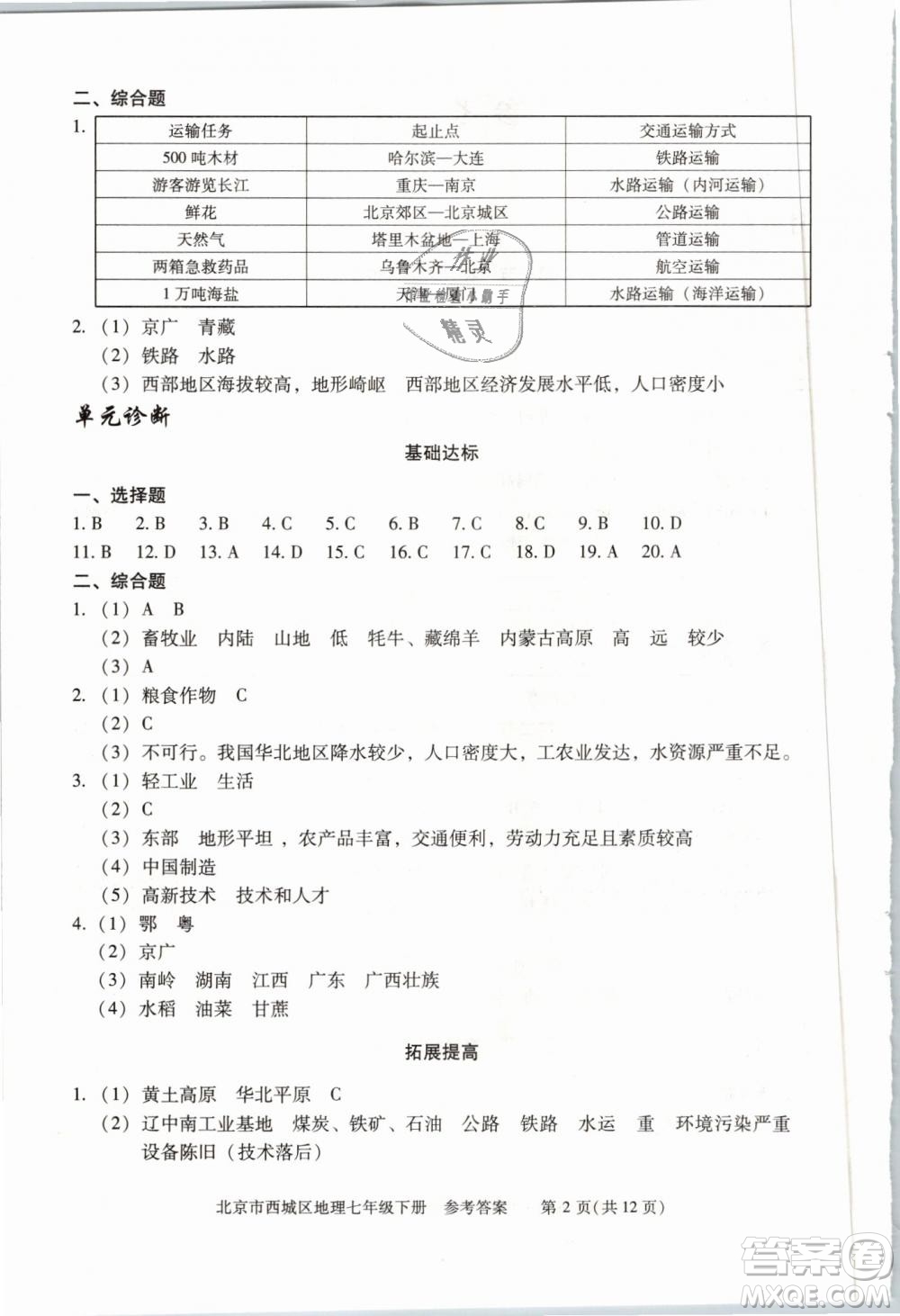 北京西城2019年學(xué)習(xí)探究診斷七年級地理下冊第九版參考答案