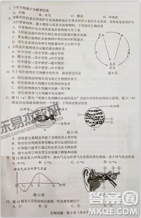 2019年廣東中考生物試卷及參考答案