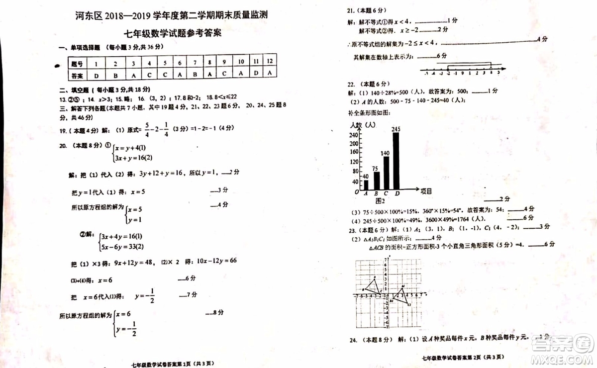 2019年天津市河東區(qū)七年級下學期數(shù)學期末考試試題及答案