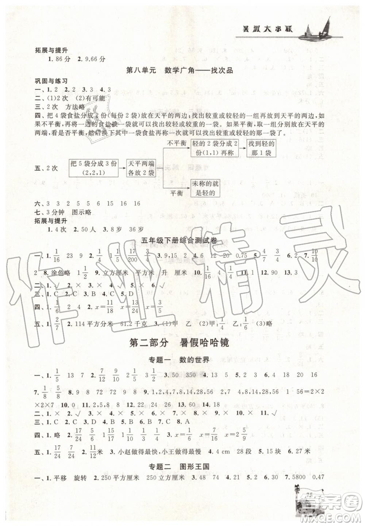 人民教育教材適用2019年小學(xué)版暑假大串聯(lián)五年級數(shù)學(xué)參考答案