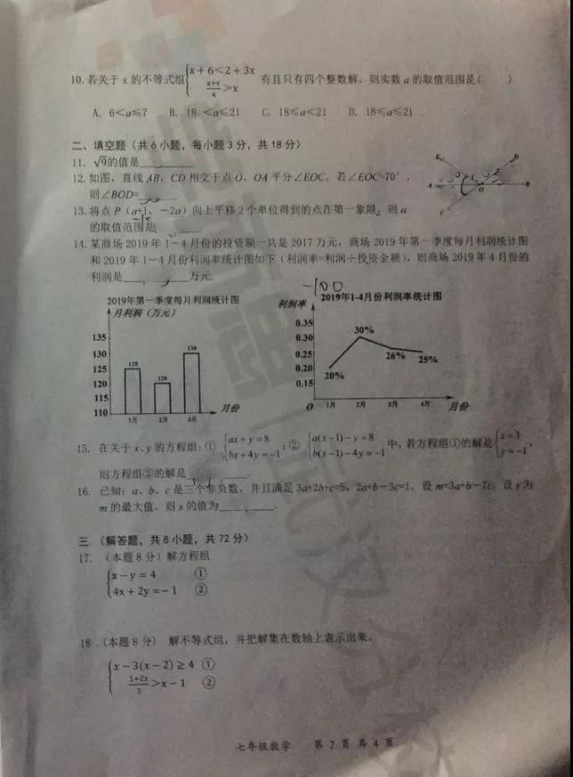 2019武漢市東湖高新區(qū)七年級(jí)期末考試數(shù)學(xué)試卷及答案