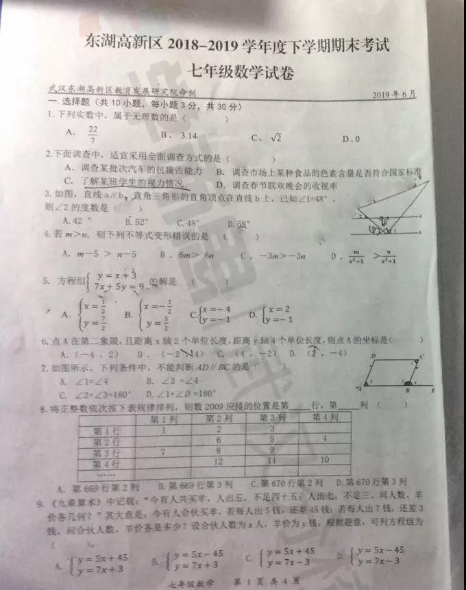 2019武漢市東湖高新區(qū)七年級(jí)期末考試數(shù)學(xué)試卷及答案