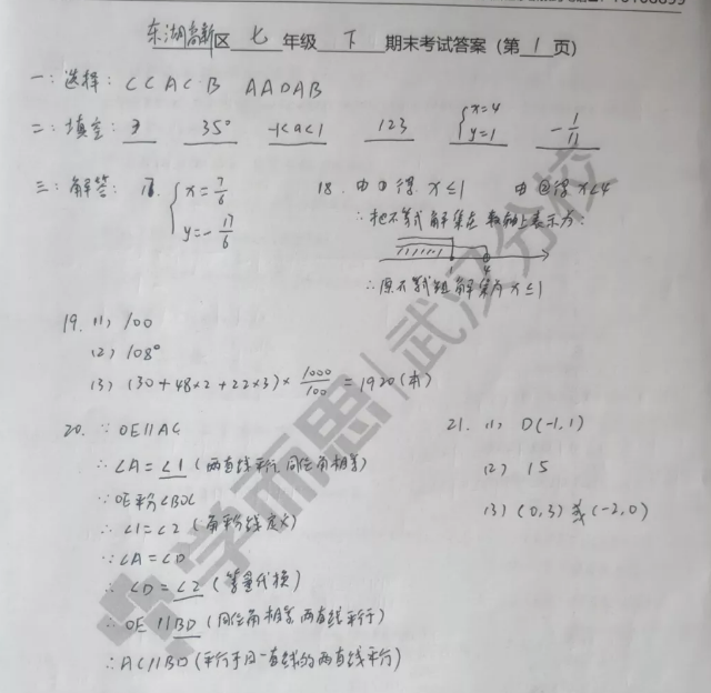 2019武漢市東湖高新區(qū)七年級(jí)期末考試數(shù)學(xué)試卷及答案