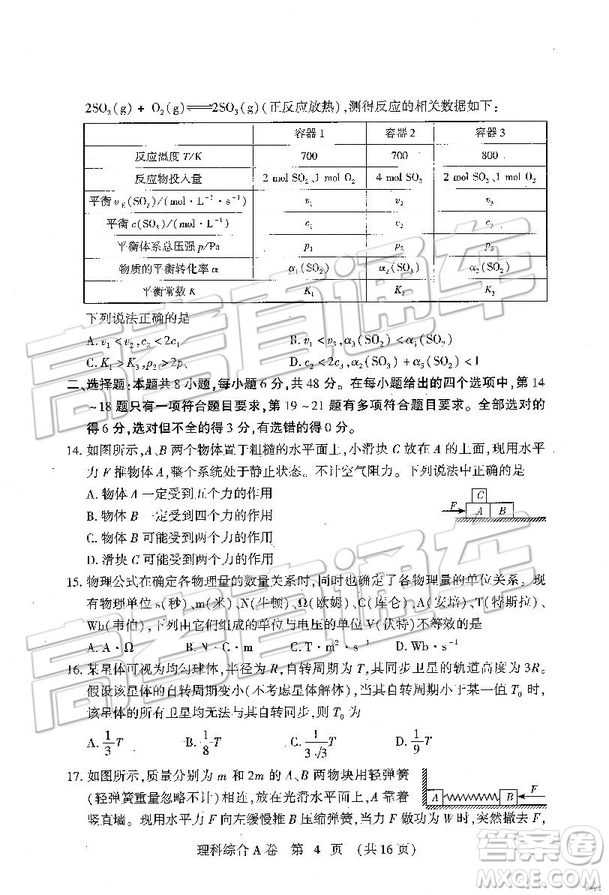 2019年高考模擬豫科名校大聯(lián)考A卷文理綜試題及答案