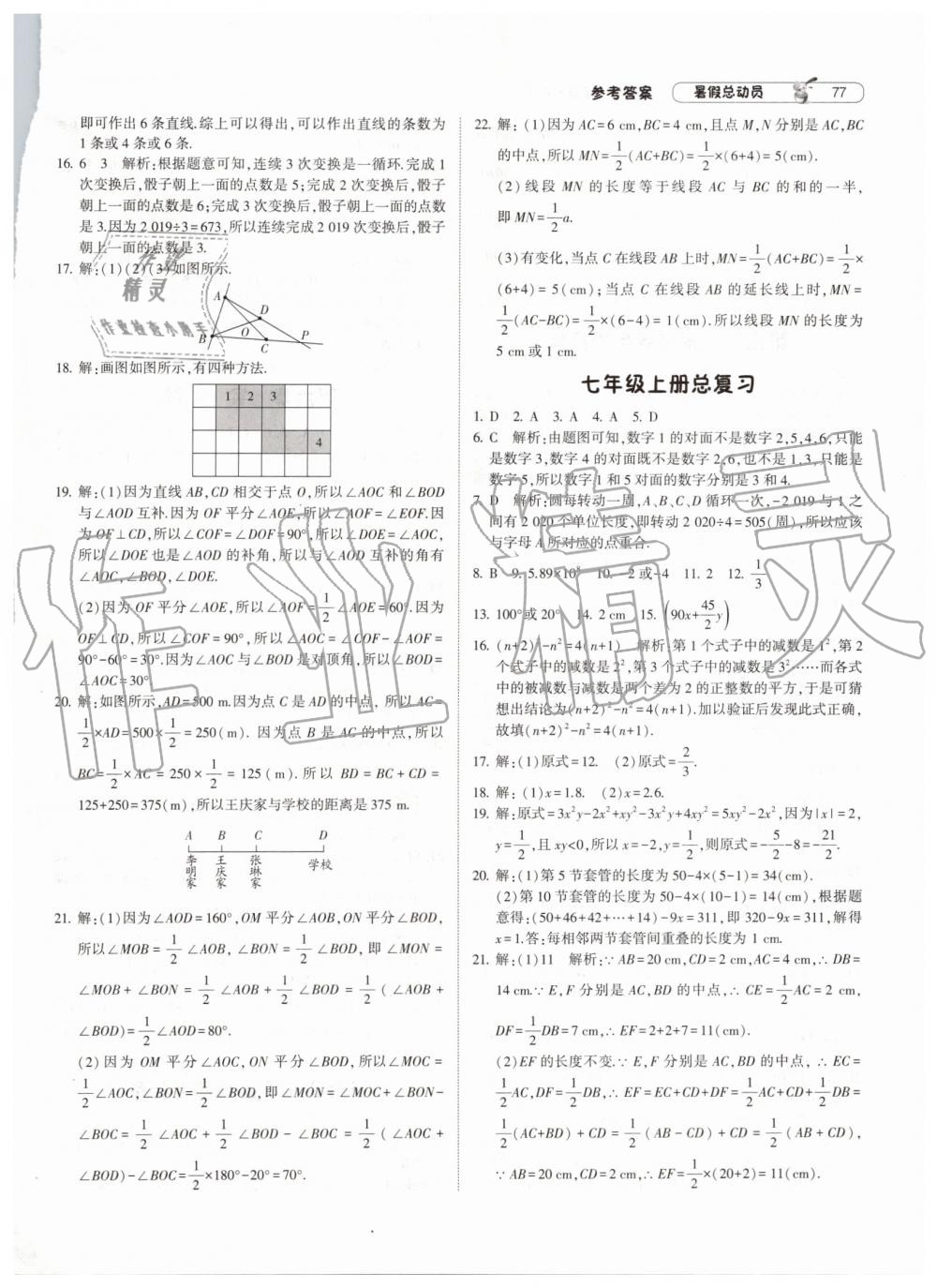 暑假總動員2019年經(jīng)綸學典修訂版人教版七年級數(shù)學答案