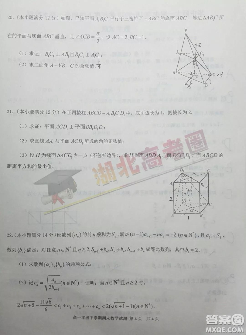 華中師大一附中2018-2019學(xué)年度下學(xué)期高一期末檢測(cè)數(shù)學(xué)試題及答案