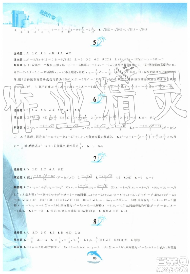 黃山書社2019版暑假作業(yè)八年級(jí)數(shù)學(xué)滬科版參考答案