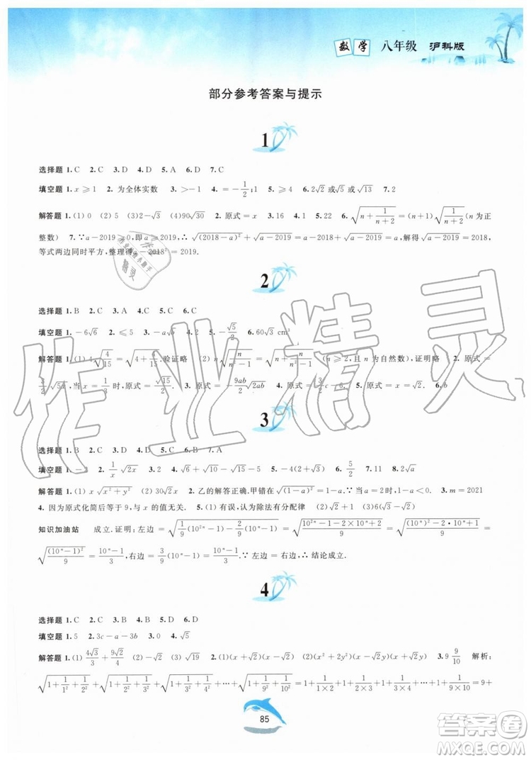 黃山書社2019版暑假作業(yè)八年級(jí)數(shù)學(xué)滬科版參考答案