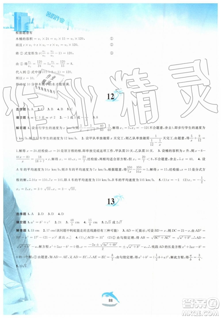 黃山書社2019版暑假作業(yè)八年級(jí)數(shù)學(xué)滬科版參考答案