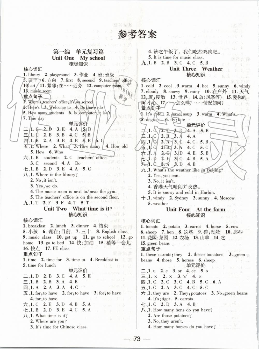 2019年期末沖刺王暑假作業(yè)人教版四年級英語參考答案