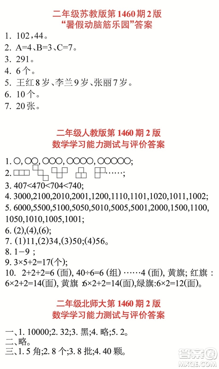 小學生數(shù)學報2019二年級第1460期答案