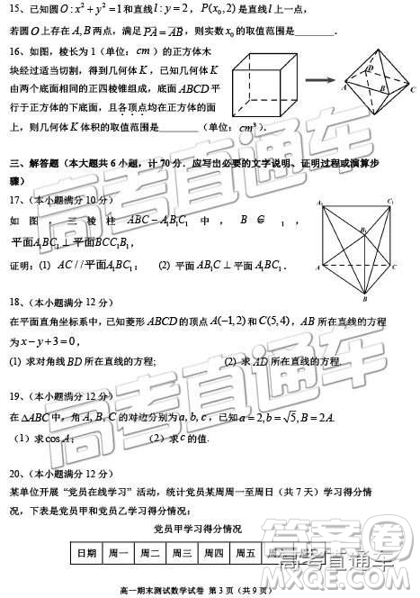 2019年江蘇揚州高一期末檢測數(shù)學(xué)試題及參考答案