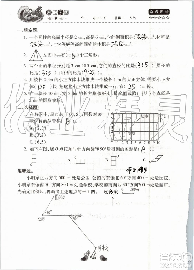 北京教育出版社2019暑假樂(lè)園六年級(jí)數(shù)學(xué)人教版河南專用參考答案