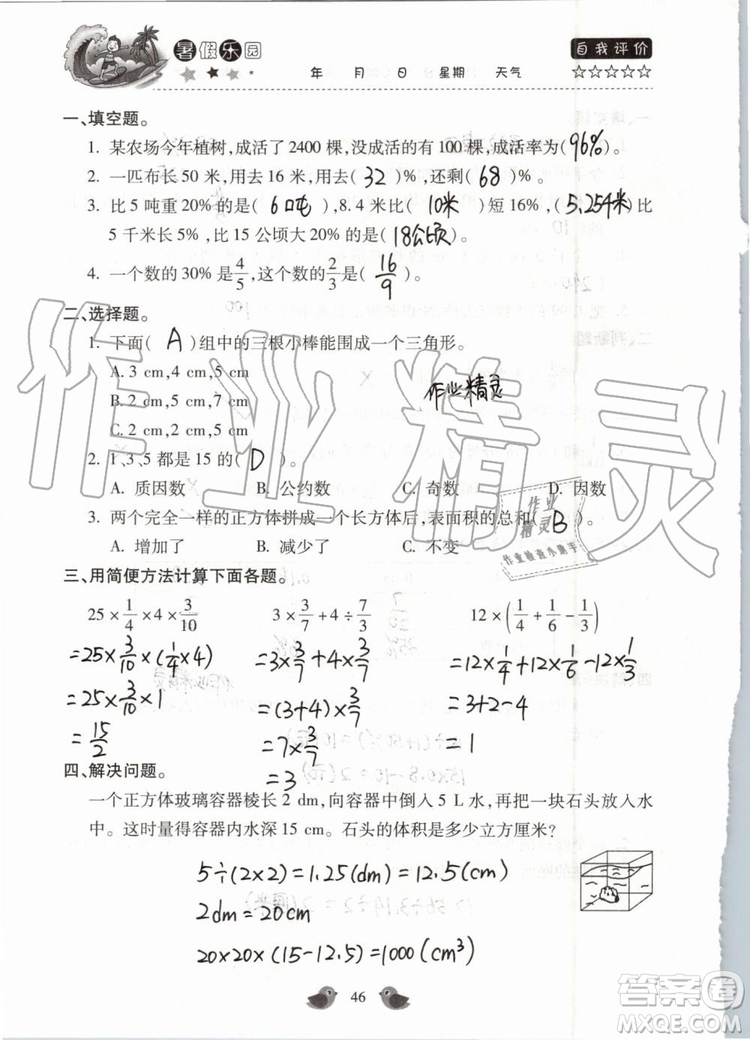 北京教育出版社2019暑假樂(lè)園六年級(jí)數(shù)學(xué)人教版河南專用參考答案