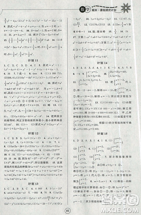 2019年期末暑假提優(yōu)計(jì)劃數(shù)學(xué)七年級(jí)國(guó)標(biāo)蘇科版參考答案