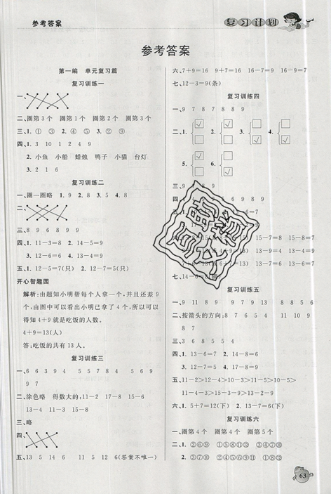 品至教育2019年假期復(fù)習(xí)計(jì)劃一年級(jí)數(shù)學(xué)人教版暑假銜接作業(yè)參考答案