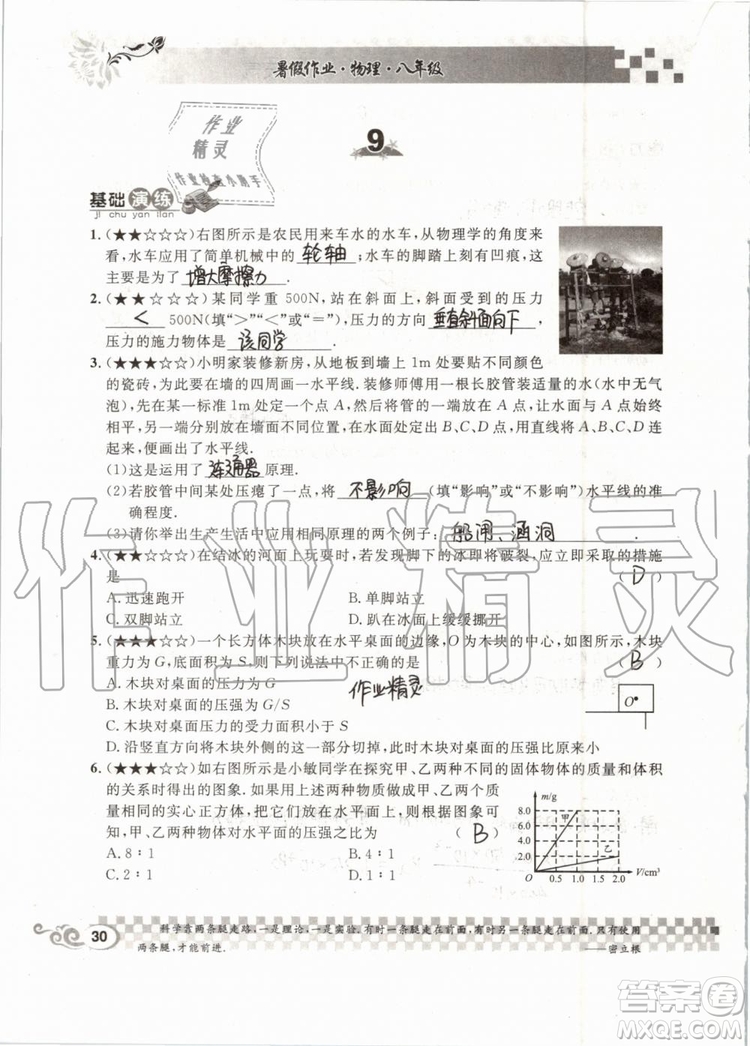 2019版長江暑假作業(yè)初中物理八年級下冊人教版參考答案