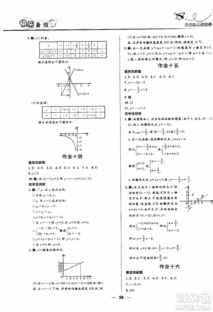 贏在起跑線2019版中學(xué)生快樂暑假8年級(jí)數(shù)學(xué)人教版參考答案