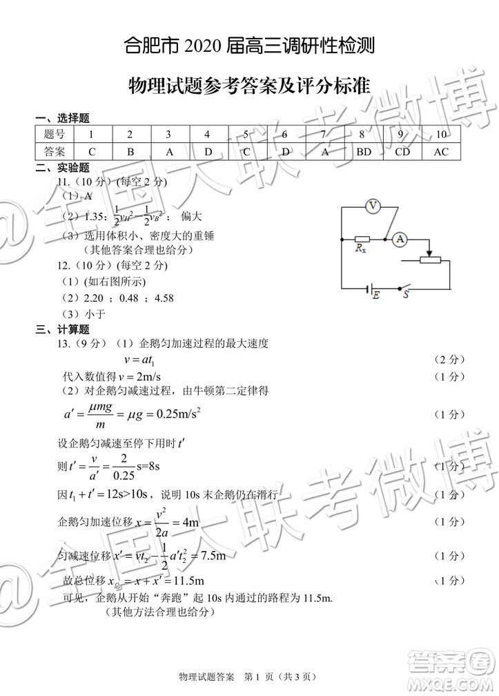 2020屆合肥零模文理綜參考答案