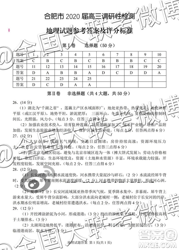 2020屆合肥零模文理綜參考答案