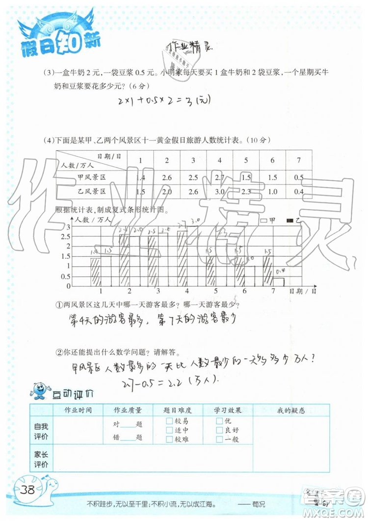 暑假學習與生活2019年假日知新四年級數(shù)學學習版生活版參考答案