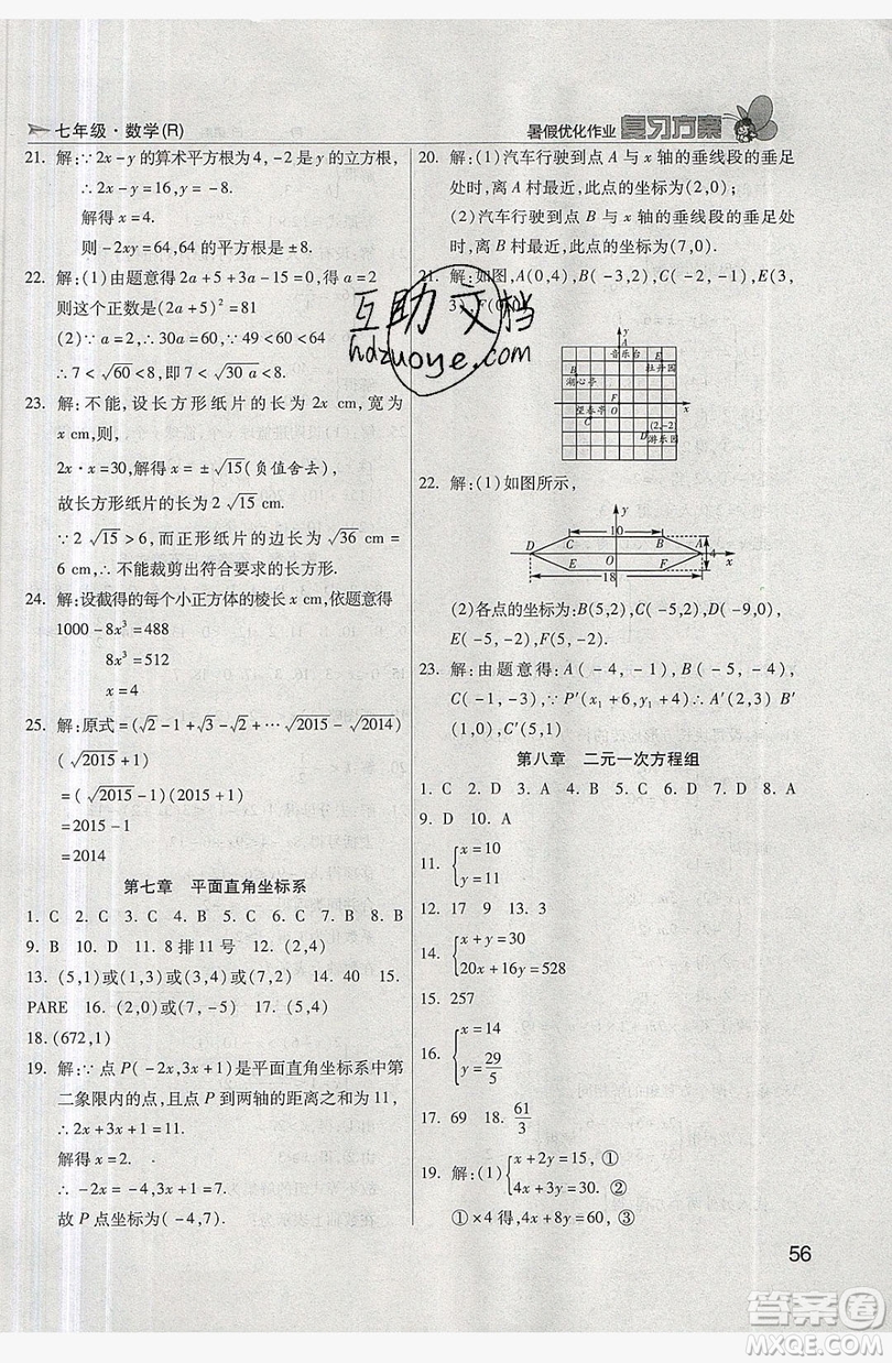 2019鑫成長樹復(fù)習(xí)方案暑假優(yōu)化作業(yè)七年級數(shù)學(xué)人教版答案