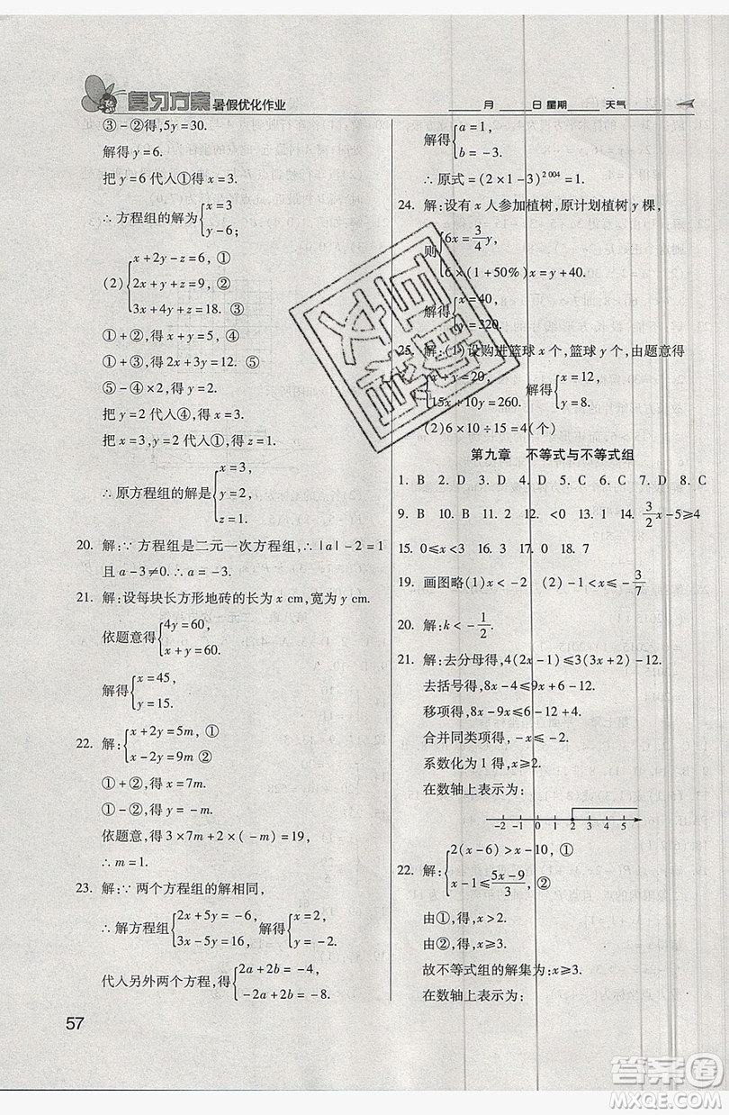 2019鑫成長樹復(fù)習(xí)方案暑假優(yōu)化作業(yè)七年級數(shù)學(xué)人教版答案